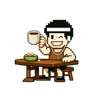 Everything Fine mascot enjoying coffee